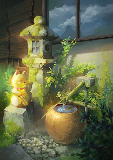 ArtStation - Japanese Garden, Nur Halimah Fantasy Shrine, Japanese Environment Art, Japanese Shrine Concept Art, Studio Ghibli Nature Scenes, Landscape Paintings Studio Ghibli, Japanese Garden Fantasy Art, Ghibli Environment Concept Art, Japanese Shrine, Garden Drawing