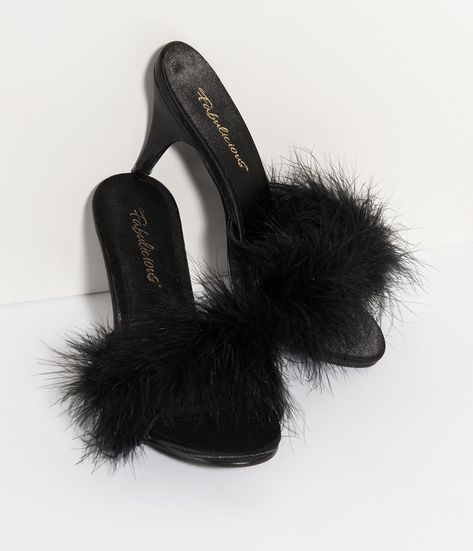 1950s Fashion Shoes, Rockabilly Shoes, Fluffy Heels, Pin Up Shoes, Fuzzy Heels, Feather Heels, Fur Heels, Satin Noir, Black Slippers