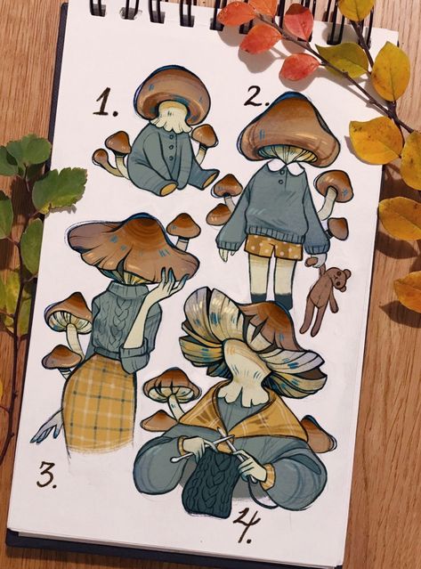 Mushroom Autumn, Knitting Sweaters, Arte Sketchbook, Mushroom Art, 영감을 주는 캐릭터, Cool Art Drawings, Sketchbook Art Inspiration, Art Inspiration Drawing, A Drawing