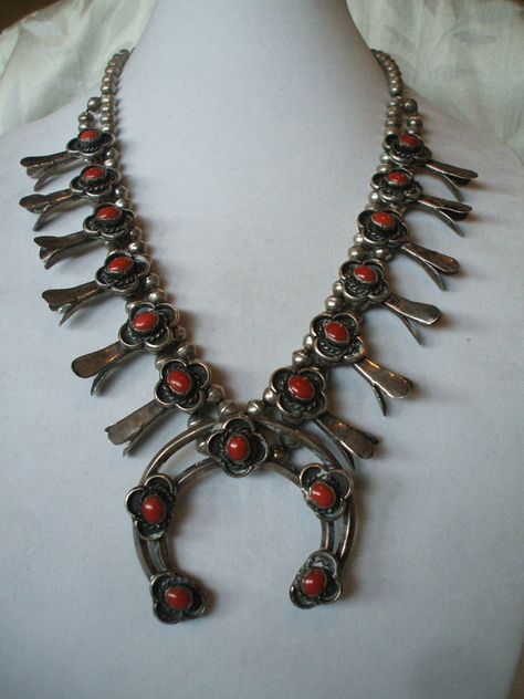 Old NAVAJO Sterling Silver & Red Mediterranean CORAL Squash Blossom NECKLACE.  TurquoiseKachina, $959.00 Squash Blossom Jewelry, Navajo Turquoise Jewelry, Squash Blossoms, Modern Silver Jewelry, Native Pride, Santa Fe Style, Southwest Jewelry, Squash Blossom Necklace, Navajo Turquoise