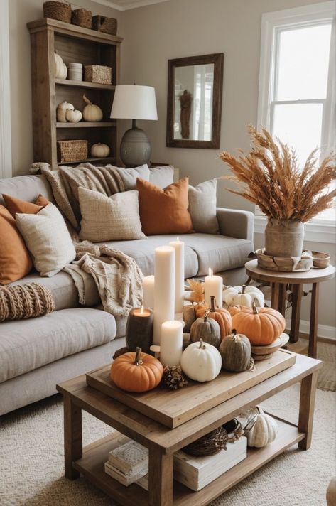 Autumn Couch Decor, Fall Decor Family Room, Grey Couch Fall Living Room Ideas, Fall Decor Gray Couch, Gray Couch Fall Decor, Mid Century Fall Decor, Cozy Fall Living Room Ideas, Grey Couch Fall Decor, Grey Fall Decor