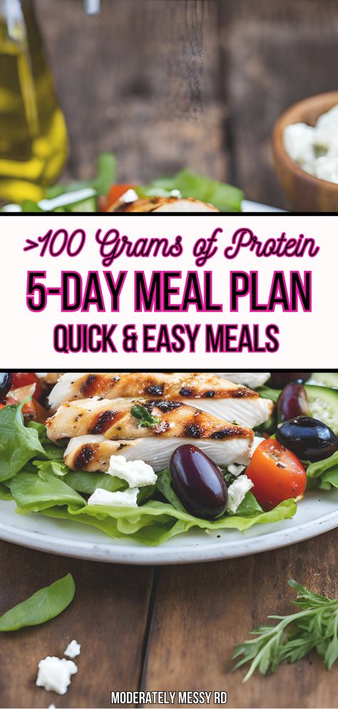 A 5-day high protein meal plan with quick and easy meals - minimal cooking required! Each day provides at least 100 grams of protein and uses strategies and shortcuts to reach a higher overall protein intake without having to cook elaborate meals. High Protein Meal Plan With Grocery List, 110g Protein Meal Plan, Meal Planning Protein, Easy High Protein Meal Plan, 80g Protein Meal Plan, High Protein Meal Plan For The Week, 100-50 Method Diet Recipes, 110 Grams Of Protein Meal Plan, 200 Grams Of Protein A Day Meal Plan