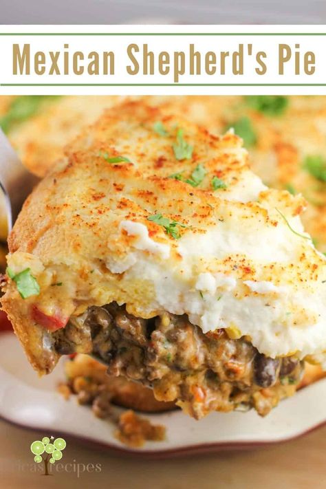 Mexican Shepherd's Pie is a delicious twist with mashed potatoes, cheese, and veggies over a creamy layer of meat and black beans. Make this Mexican cottage pie as a family dinner or make ahead and bring for a potluck. Leftovers reheat well and this recipe is very flexible to suit your tastes. Black Bean Shepherds Pie, Mexican Shepherds Pie Recipe, Mexican Shepards Pie Recipe, Mexican Sheppards Pie, Mexican Shepherds Pie Mashed Potatoes, Southwest Meals, Mexican Cottage, Lentil Shepards Pie Vegetarian Recipes, Mushroom Meals