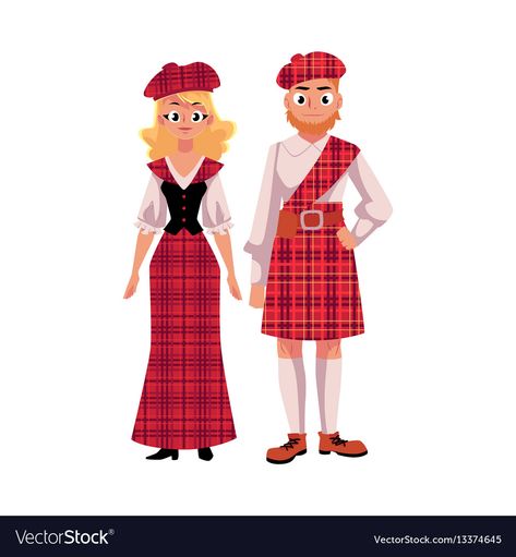 Scottish couple in traditional national costumes Vector Image Switzerland People, Scottish Traditional Dress, Tourist Costume, Travel To Switzerland, Scottish People, Secret Squirrel, National Clothes, National Dress, Gallery Design