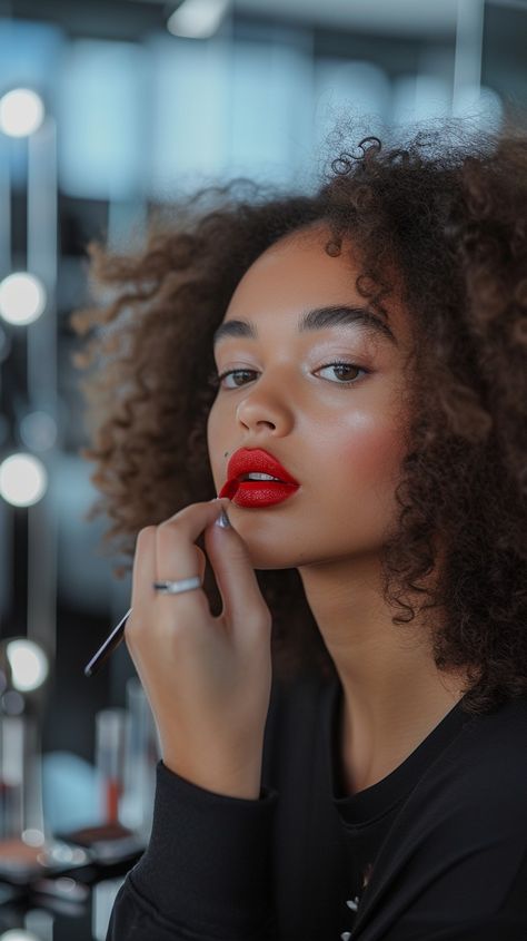 Elegant Makeup Application: A young woman applies bright red lipstick, her striking beauty accentuated against a blurred salon backdrop. #beauty #salon #lipstick #makeup #elegance #aiart #aiphoto #stockcake ⬇️ Download and 📝 Prompt 👉 https://ayr.app/l/P2pp Mermay Inspiration, Makeup Poses, Makeup Shoot, Striking Beauty, Bright Red Lipstick, How To Apply Lipstick, Elegant Makeup, Ap Art, Reference Poses