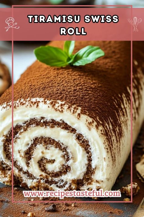 A delightful twist on the classic tiramisu, this Tiramisu Swiss Roll features a light cocoa cake filled with creamy mascarpone and coffee liqueur, topped with cocoa powder and shaved chocolate for an elegant dessert that’s perfect for any occasion. Tiramisu Swiss Roll Recipe, Chocolate Swiss Cake, Tiramisu Swiss Roll, Chocolate Tiramisu Recipe, Swiss Desserts, Swiss Roll Recipe, Swiss Roll Cakes, Swiss Cake, Classic Tiramisu