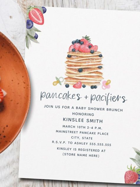 Pancakes And Pacifiers Brunch Baby Shower Invitation
Brunch baby shower "pancakes and pacifiers" theme featuring watercolor Inspired Illustration of a stack of pancakes topped with strawberries and blueberries. Strawberry and blueberry botanical designs in corners! #babyshower #babyshowersgifts #babyshowercards #babyshowerparty #newborn #pancakes Baby Shower Breakfast, Brunch Baby Shower Invitation, Stack Of Pancakes, Strawberries And Blueberries, Sprinkle Baby Shower, Summer Baby Shower, Baby Shower Brunch, Brunch Invitations