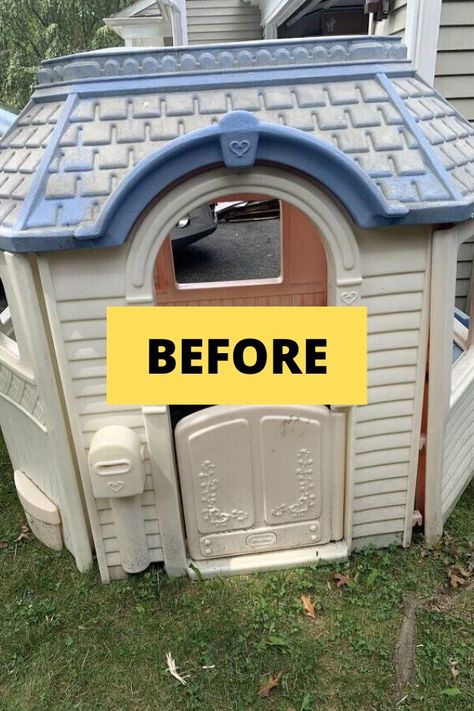 Give your old plastic little tikes playhouse a fall update. Check out the before and after of this outdoor playhouse upcycle on a budget. #hometalk Kids Plastic Playhouse, Plastic Playhouse Makeover, Little Tikes Playhouse Makeover, Kids Playhouse Makeover, Little Tikes Makeover, Diy Kids Playhouse, Playhouse Decor, Plastic Playhouse, Playhouse Makeover