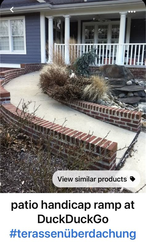 Landscaped Ramps, Brick Ramp Front Porches, Accessible Front Porch, Front Porch Wheelchair Ramp Ideas, Front Porch Ramp Ideas, Wheelchair Accessible Patio, Concrete Wheelchair Ramps For Home, Front Door Ramp Entrance, Ramp For House Entrance