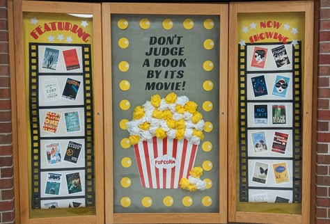 Book Movie Poster Project, Book Report Movie Poster Ideas, Movie Poster For Book Report, Movie Bulletin Boards, New Book Display Elementary Library, Teen Library Displays, Books To Movies Library Displays, Book Bulletin Board, Creative Bulletin Boards