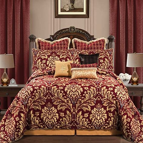 Amazon.com: Loom and Mill 9-Piece Chenille Jacquard Comforter Set, Luxury Christmas Red Comforter King Sets, Ultra Soft Floral Bedding with Euro Shams, Bedskirt, Filled Decorative Pillow for Home (Lafaye, King) : Home & Kitchen Gold Comforter, Luxury Bedroom Sets, Red Comforter, Damask Bedding, Burgundy Background, Bed Comforter Sets, Luxury Bedding Set, Bedroom Red, Floral Bedding