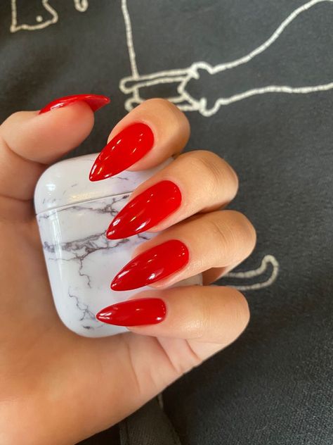 Red Nail Acrylic Designs, Big Apple Red Almond Nails, Red Or Pink Nails, Red Nails Stiletto Almond, Bright Cherry Red Nails, Candy Apple Red Nails Acrylic, Long Almond Red Nails, Red Stiletto Nails Short, Red Nail Almond