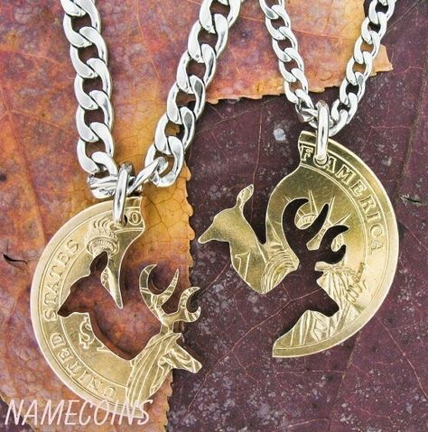 Cut coins..his n her Coin Jewelry Diy, Penny Jewelry, Cut Coin Jewelry, Gold Dollar, Deer Necklace, Bff Jewelry, Buck And Doe, Country Jewelry, Coin Art