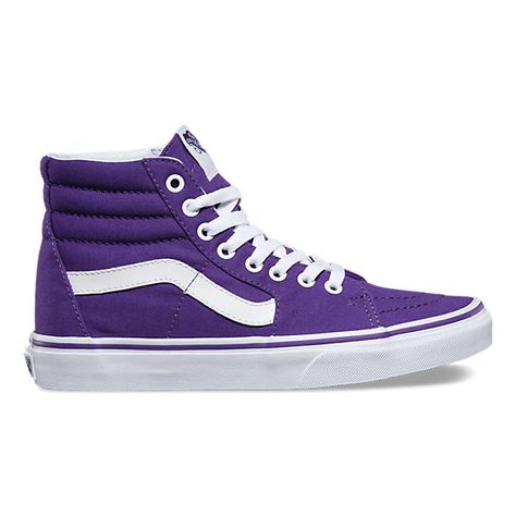 The Canvas Sk8-Hi, the legendary lace-up high top, features sturdy canvas uppers, re-enforced toecaps to withstand repeated wear, padded collars for support and flexibility, and signature rubber waffle outsoles. Vans Sk8 High, How To Wear Vans, Purple Vans, Sneakers High Top, Vans High, Tenis Vans, Cap Toe Shoes, Flexible Shoes, Sneakers Vans