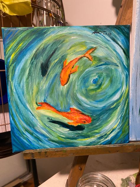 Koi painting Jellyfish Painting Acrylic Easy, Koi Fish Acrylic, Acrylic Koi Fish, Gouche Painting Koi Fish, Koi Fish With Lilly Pads Painting, Koi Fish In Pond Painting, Koi Painting, Jellyfish Painting, Family Canvas