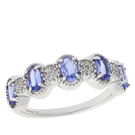 Colleen Lopez Tanzanite and Diamond 5-Stone Sterling Silver Ring  Five oval-cut tanzanite float across this sterling silver band, with round diamond accents for extra sparkle.        Approx. 5/16"L x 1/8"H; shank 1/16"W     Stamped .925 sterling silver; rhodium plating   Stone Information       All sizes and weights approximate     Total Carat Weight: 1.08ctw     Tanzanite - Oval; 1ctw     White Diamond - Round; 0.08ctw; Color: H-I, Clarity: I2 Tanzanite Diamond Ring With Accents, Tanzanite Diamond Ring With Diamond Accents, Dazzling Tanzanite Jewelry With Diamond Accents, Round Tanzanite Jewelry With Diamond Accents, Round Cut Multi-stone Tanzanite Jewelry, Oval Tanzanite Jewelry With Gemstone Accents, Tanzanite Jewelry With Accent Stones, Silver Tanzanite Multi-stone Rings, Silver Tanzanite Jewelry With Diamond Accents