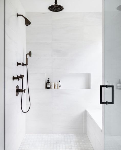 Bathroom Shower Niche Secrete Tips & Tricks Contemporary Master Bath Ideas, Master Bath Tile Shower Ideas Modern, Tile For Master Bath Floor, Contemporary Subway Tile Bathroom, Matte White Shower Tile, Standard Shower Remodel, 12×24 Shower Tile, Shampoo Holders For Showers, Modern Subway Tile Bathroom