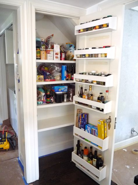 Custom spice bins for back of pantry door.  (We built & installed the pantry shelves, too.)  The lower bins are larger / deeper for things like olive oil & balsamic bottles... the get shorter / shallower as you get higher on the door for smaller things like spices. Storage On Back Of Door, Pantry Door Shelves, Back Of Pantry Door Storage, Back Of The Door Storage Ideas, Back Of Door Storage, Jacket Closet, Pantry Door Storage Ideas, Pantry Door Storage, Pantry Door Organizer