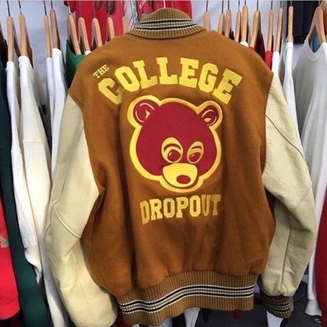 See Reverse For Care 🥂 on Instagram: “Sample “The College Dropout” Varsity Jacket 🐻 (2004)” College Merch Aesthetic, Kanye West Jacket, Kanye Merch, Kanye West Sweatshirt, Kanye West Outfits, Kanye West Style, College Dropout, Rap Tee, Cute Comfy Outfits