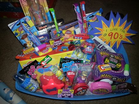 90s kid gift basket! Complete with Darkwing duck, Tail spin, looney toons, and Animaniacs DVDS. All your favorite candy and toys from that time. Basket Raffle, 90s Gift, Auction Basket, Barbie House Furniture, Raffle Basket, Kids Gift Baskets, Dubble Bubble, Raffle Baskets, Diy Gift Baskets