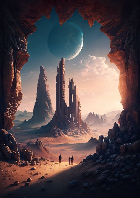 ancient ruins on jagged mountains landscape, space aesthetic, moon planet in foreground Other World Landscapes, Alien Landscape Concept Art, Alien Planet Concept Art, Jagged Mountains, Epic Landscape, Alien Planets, Desert Planet, Scifi Artwork, Alien Landscape