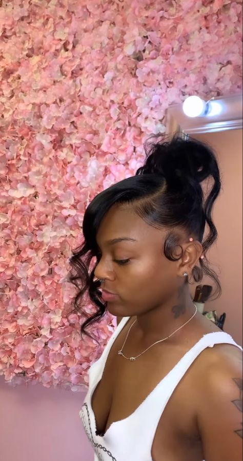 Swoop Bun Straight Hair, Side Bangs With Bun Black Women, Heart Side Swoop Ponytail, Bun Updo With Bangs For Black Women, Swoop Into A Bun, Side Part Hairstyles For Black Women Bun, Top Not Bun With Swoop, Bun With Curled Bangs Black Women, 2 Bangs Ponytail Weave