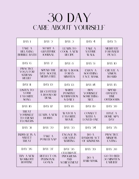 🌟 Ready for a little self-love adventure? 🌟 Join our 30-Day 'Care About Yourself' Challenge and sprinkle some TLC into your routine! From pampering sessions to daily affirmations, each day brings a new opportunity to prioritize YOU. Let's make self-care FUN again! #SelfCareChallenge #TreatYourself #30DaysOfSelfLove 💖✨ 30 Day Affirmation Challenge, 30 Day Challenge Self Care Routine, Self Care Topics, Self Care Challenge Ideas, Self Love Challenge 30 Day, 30 Days Challenge Self Care, 2025 Bujo, 30 Day Self Care Challenge, Mom Challenge