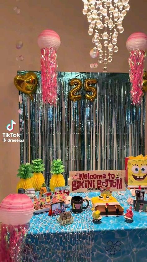 Cute Bday Party Themes, Split Theme Birthday Party, Spongebob Birthday Activities, Spongebob Gender Reveal Ideas, Spongebob Birthday Party 25 Diy, Spongebob Party Ideas Diy, Spongebob Party Centerpieces, Spongebob Table Decorations, 25 Birthday Spongebob