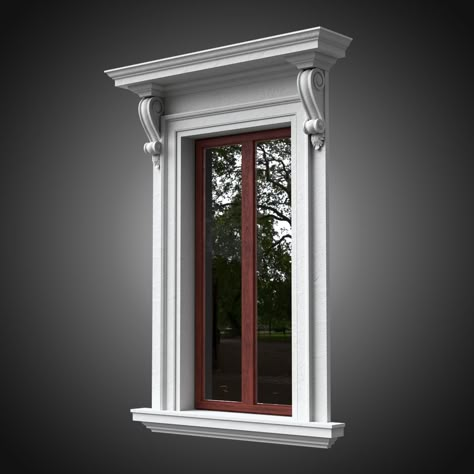 Exterior Window Trim With Corbels, Window Pediment Exterior, Classic House Facade, Classic Window Design, House Window Styles, Clasic Houses, Exterior Window Sill, Front Window Design, Columns Decor