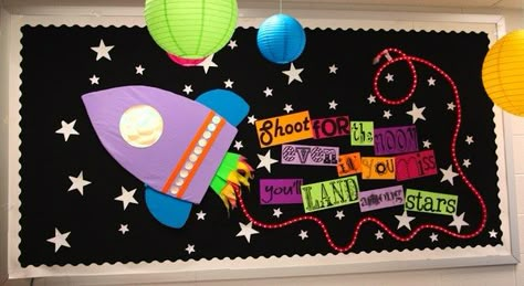 14. Students will swoon for this “out of this world” space-themed class. So cool! | Community Post: 21 Fresh Classroom Themes Your Students Will Love Space Bulletin Boards, Motivational Bulletin Boards, Space Theme Classroom, Motivation Letter, Cute Bulletin Boards, Space Classroom, Teacher Bulletin Boards, Shoot For The Moon, Hundreds Chart