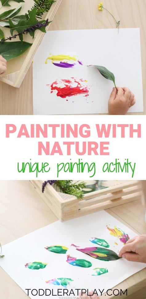 Painting with Nature Activity - Toddler at Play | Kids Crafts & Activities - Activities Painting With Nature, Nature For Kids, Nature Activity, Spring Preschool Activities, Outdoor Activities For Toddlers, Plant Activities, Activity For Toddlers, Garden Activities, Nursery Activities