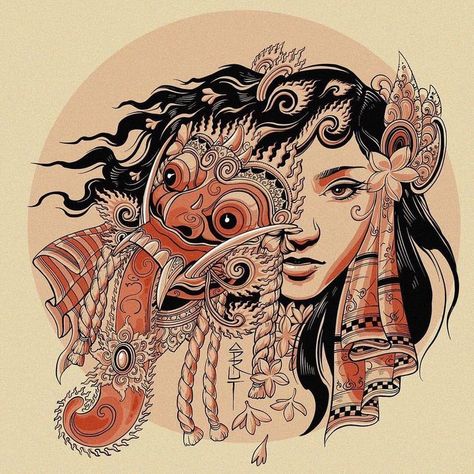 Rangda Bali Art, Barong Bali, Hamsa Tattoo Design, Indonesian Culture, Bali Design, Tree Watercolor Painting, Psychadelic Art, Indonesian Art, Asian Tattoos