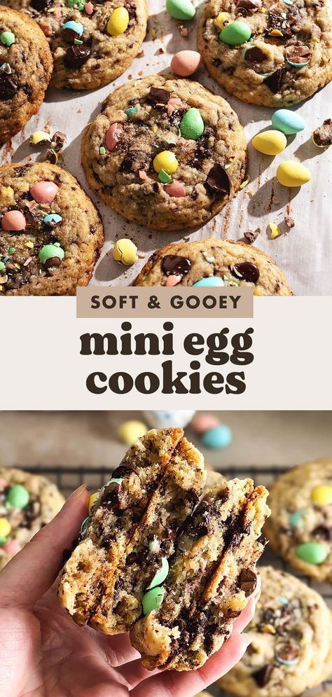 Mini egg cookies made with a soft and gooey chocolate chip cookie base full of cute pastel chocolate mini eggs. They're the perfect classic Easter cookies! #easter #minieggs #cookies | teakandthyme.com Mini Egg Cookies, Pastel Chocolate, Mini Eggs Cookies, Pastel Desserts, Egg Cookies, Pastel Mini, Gooey Chocolate Chip Cookies, Spring Baking, Cookie Base