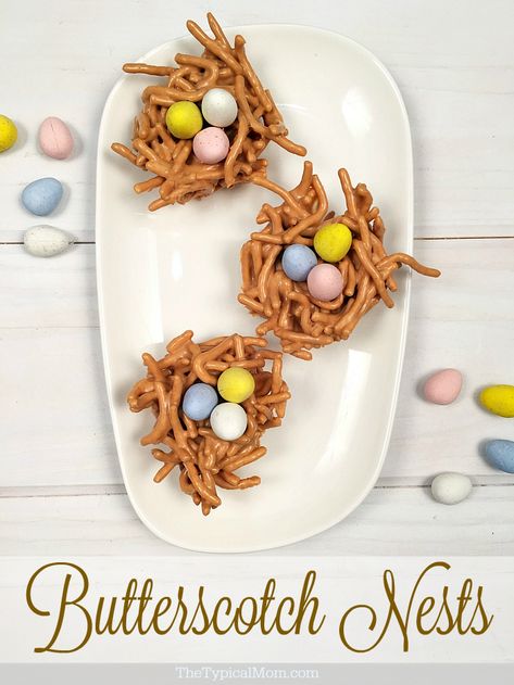 Butterscotch nests are the perfect NO bake Easter dessert for this year! Takes just minutes to make and are delicious!! Butterscotch Haystacks, Easter Nests, Easter Snacks, Easter Baking, Easter Goodies, Birds Nest, Christmas Cup, Chow Mein, Easter Dinner