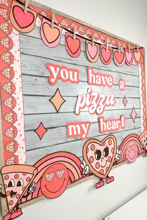 Church Valentines Party, Pizza Hearts, Retro Bulletin Board, Staff Bulletin Boards, Church Valentines, Retro Pizza, February Bulletin Boards, Valentine Pizza, Valentine Bulletin Boards