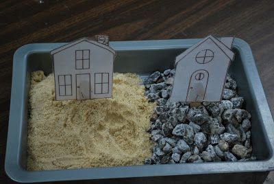 Activity ideas for teaching the parable of the wise man and the foolish man. House On The Rock Bible, Wise And Foolish Builders, Sunday School Projects, Bible Object Lessons, Godly Play, Bible Story Crafts, Sunday School Kids, Preschool Bible, Family Worship