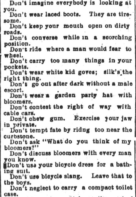 Victorian Bicycling Etiquette – Kristin Holt | Los Angeles Herald, July 14, 1895. Victorian Etiquette, Victorian Sayings, Victorian Era Etiquette, Victorian Phrases, Valivictorian Speech, Victorian Feminism, Opinion Quotes, Types Of Fiction, Fashion Through The Decades