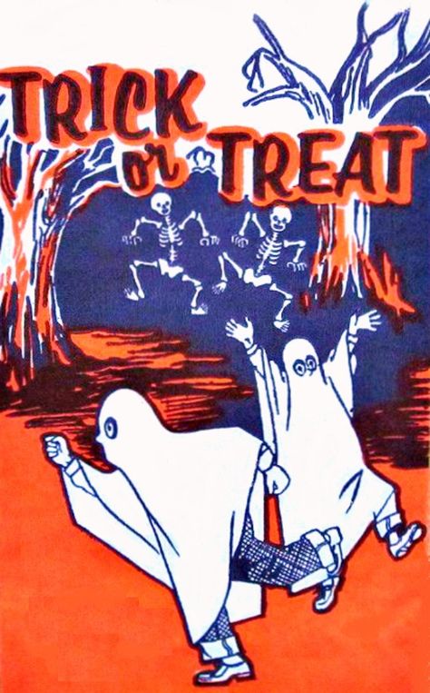 vintage Halloween trick or treating, kids in ghost costumes, skeletons Vintage Halloween Design, Midcentury Halloween, 50s Halloween, Vintage Halloween Candy, 70s Halloween, Vintage Halloween Costumes, Vintage Halloween Ghost, 1960s Halloween, Vintage Halloween Posters