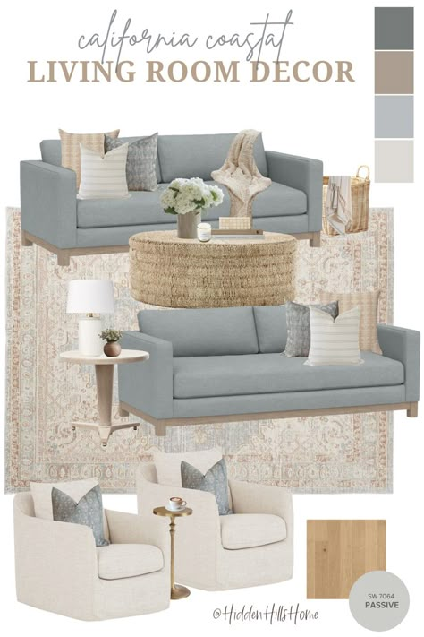 California coastal living room mood board with blue gray sofas paired with cream accent chairs Gray Blue Home Decor, Fresh Coastal Living Room, Costal Small Living Room, Blue Gray Neutral Living Room, Blue Couch Office Ideas, Grey And Beige Mood Board, Calm Aesthetic Living Rooms, Chic Beach House Coastal, Blue Gray Cream Bedroom