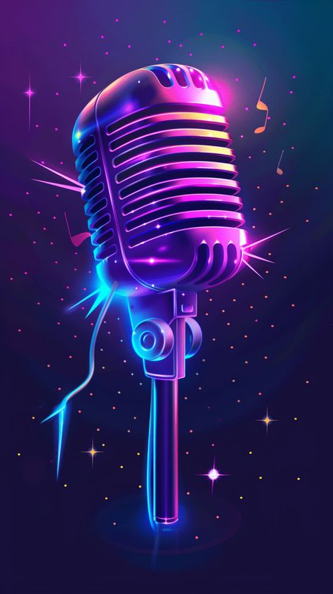 Stylized Microphone with Neon Lights: Musical Energy Purple Board, Personalized Wallpaper, Blue Lights, Lightning Bolts, Clean Aesthetic, Neon Purple, Music Wall, Graffiti Styles, Neon Lights