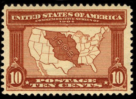 1904-04-23 Louisiana Purchase stamp commemorates the Louisiana Purchase, often referred to as the greatest real estate deal in history.The 1803 Louisiana Purchase doubled the size of the U.S. The Louisiana Purchase Exposition Issue publicized the 1904 World’s Fair, held in St. Louis, Missouri. The central image is a map of the United States, showing the territory of the Louisiana purchase in dark tint, with the year of the purchase, "1803", obliquely across the face of the shaded portion. Postage Stamps Usa, Postage Stamp Collecting, Louisiana Map, Usa Stamps, Revenue Stamp, طابع بريدي, Louisiana Purchase, Commemorative Stamps, Old Stamps