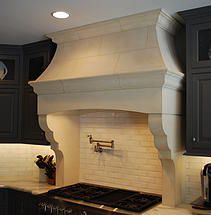 Cast Stone Hoods and limestone fireplace custom products                                                                                                                                                      More Stone Vent Hood, Stone Kitchen Hood, Small Kitchen Tiles, Stone Range Hood, Limestone Mantel, Kitchen Hood Design, Cast Stone Fireplace, Kitchen Vent Hood, Kitchen Vent