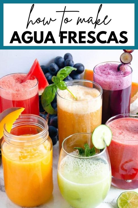 Learn how to make agua frescas, a simple, refreshing, non-alcoholic blended drink of fruit, lime, and water. They're great for Cinco de Mayo and warm summertime fun! How To Make Agua Fresca, Mexican Fruit Drinks, Mexican Drinks Non Alcoholic, Recipe For Aguas Frescas, Blended Fruit Drinks, Mexican Drinks Aguas Frescas, Agua Fresca Cucumber Lime, Mexican Fruit Water Aguas Frescas, Relaxing Drinks