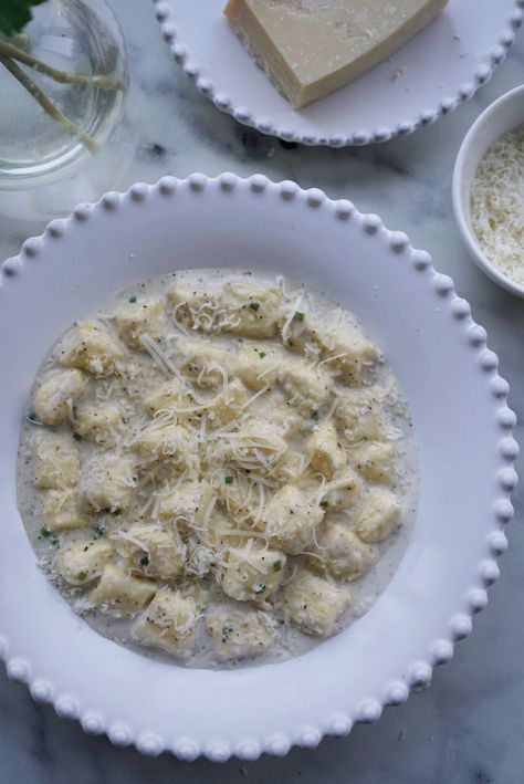 Ricotta Gnocchi in a Black Truffle & Chive Cream Sauce Gnocchi Cream Sauce, Pasta Table, Aruba Food, Gnocchi Recipes Homemade, Winter Pasta, White Wine Cream Sauce, Truffle Cream, Truffle Sauce, Truffle Pasta