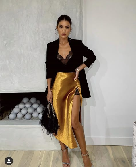 A Woman, Blazer, Skirt, Yellow, Wall, Gold, On Instagram, White, Instagram