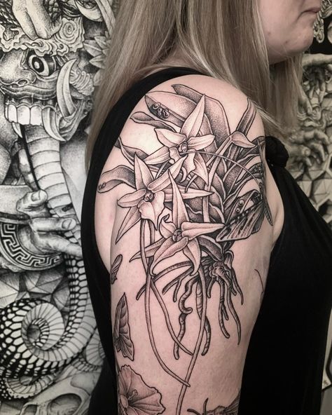 DARWIN ORCHID . CARNIVOROUS PLANTS . IPOMEA botanical and entomological tattoo in progress . done in Nantes @nantestattooconvention back in 2022 for @kaleya_art 🖤 and powered by @naiamuseum 🖤 . my next visit in Nantes, France @le.spot.tattoo.nantes on June 21-24 I can’t wait to finishing this lovely custom tattoo project🌿 and I’m open for consultations for future guest spots feel free to send me your tattoo requests by email at i n f o @ s u b l i q u i d a . c o m . . online shop s u b ... Spot Tattoo, Mantis Tattoo, Sarracenia Purpurea, Live Drawing, Orchid Tattoo, Nantes France, Moth Tattoo, Botanical Tattoo, Bee Tattoo