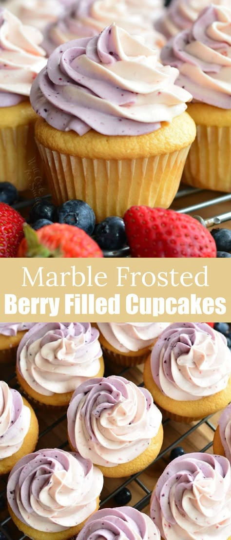 Marble Frosting, Cupcake Topping, Berry Filling, Blueberry Frosting, Cupcakes Strawberry, Mini Chocolate Chip Muffins, Berry Cupcakes, Blueberry Filling, Blueberry Cupcakes