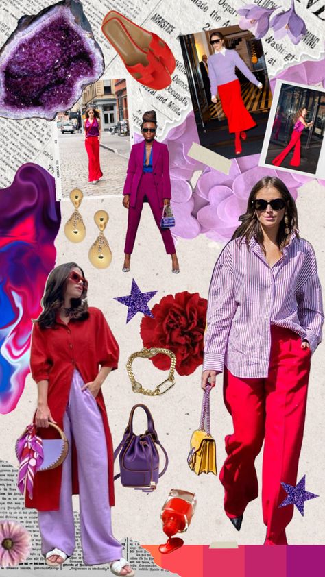 Red And Purple Outfits For Women, Purple Red Outfit Color Combos, Red And Purple Outfit Aesthetic, Lavender And Red Outfit, Lilac And Red Outfit, Red And Purple Clothes, Red Pink Outfit Color Combos, Lavender And Red Color Palette, Red Color Combos Outfits