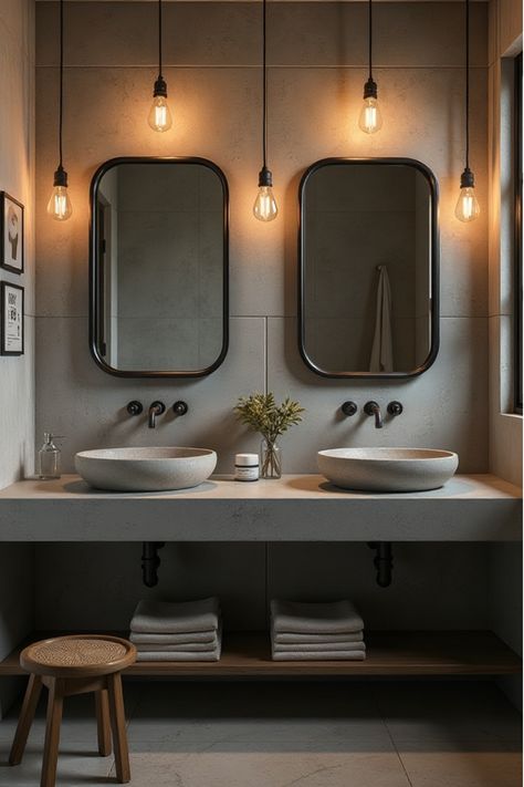 Industrial bathroom with concrete double vanity, pipe-framed mirrors, and Edison bulb lights Modern Industrial Powder Room, Old Bathroom Vanity Makeover, Bathroom Counter Design, Industrial Powder Room, Black Bathroom Vanity Ideas, Double Bathroom Vanity Ideas, Top Sink Bathroom, Double Vessel Sink Bathroom, Bathroom Counter Designs