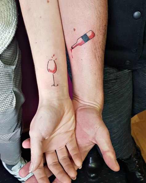 CafeMom.com : Matching Wine Tattoos : 20 Wine Tattoos We Happily Raise a Glass To -- When wine lovers find someone who will happily fill their glass, they should hold onto that person for life. That's essentially what this duo did by getting permanent matching tattoos. May we all find someone who fills our cup and doesn't drain it. Wine Tattoos, Couple Tattoo Quotes, Wine Glass Tattoo, Wine Tattoo, Matching Friend Tattoos, Small Matching Tattoos, Couple Tattoos Unique, Bottle Tattoo, Coffee Tattoos